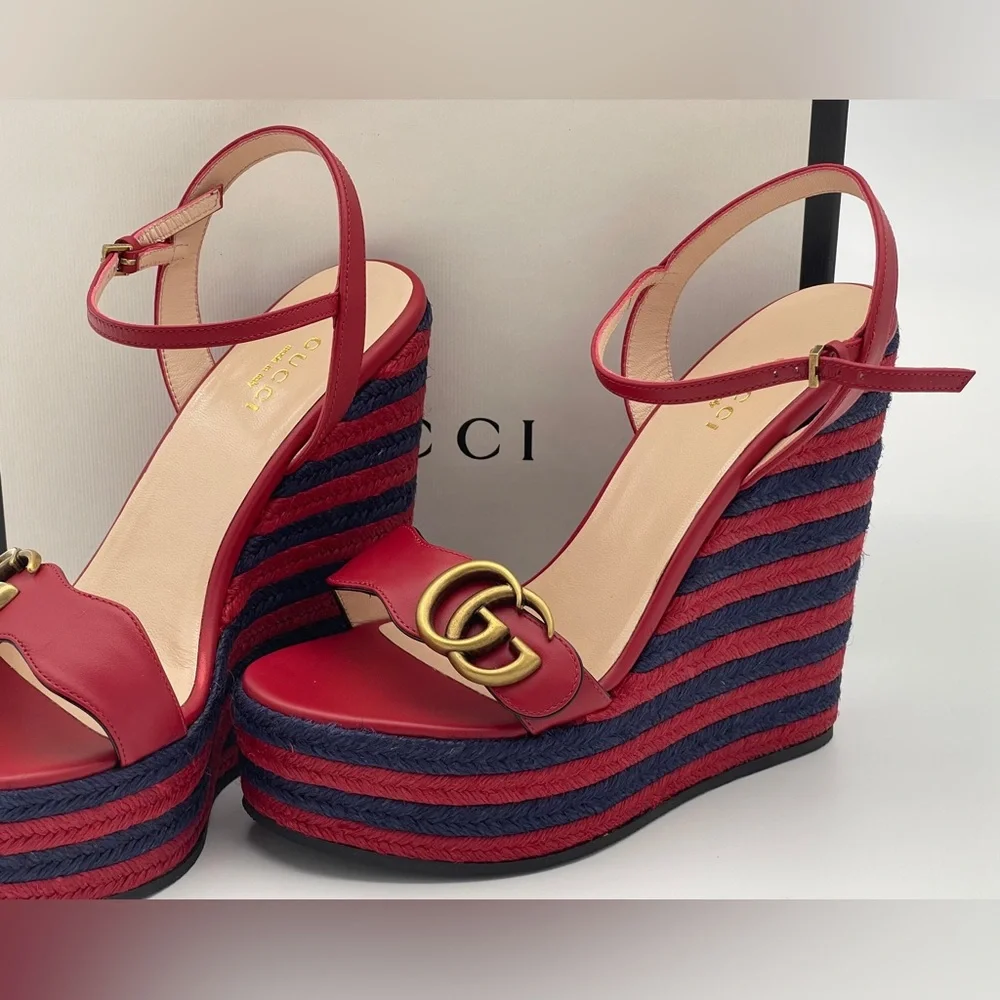Authentic GUCCI Marmont Double G Leather Espadrille Platform Sandals